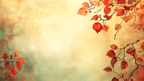 Golden autumn leaves drift softly against a glowing sky