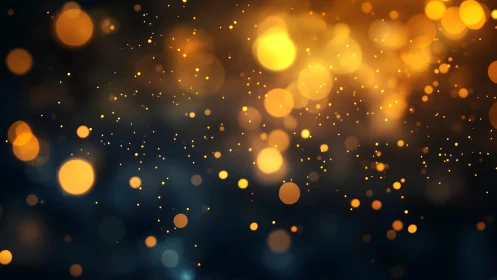 Golden bokeh lights on dark background, abstract festive style.