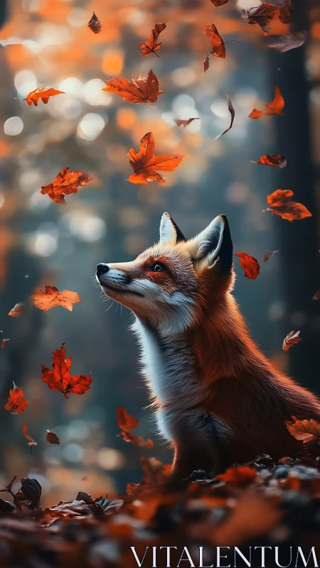 Fox watches swirling autumn leaves in soft bokeh forest.