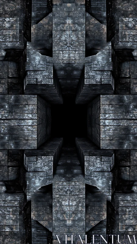 Mystical stone corridors opening into a deep quiet void.