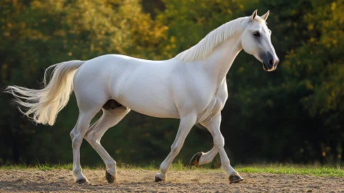 White horse moves at trot along sandy track in daylight