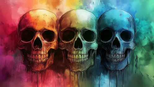 Three dripping skulls align within vibrant spectral haze