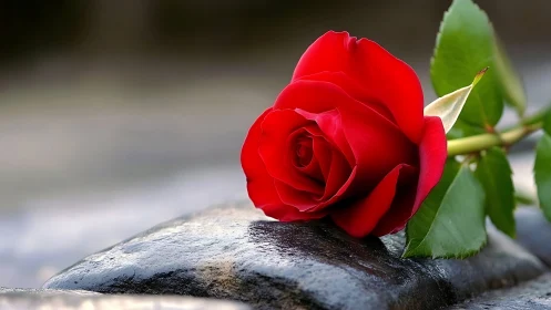Radiant Red Rose Resting on Smooth Stone