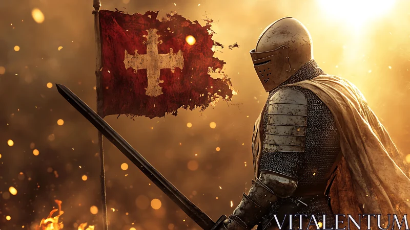 Sunlit crusader knight beside tattered cross banner at dusk.