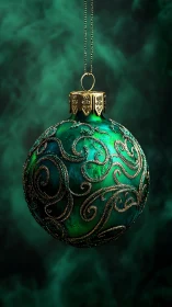 Emerald ornament drifts in swirling gold-lit winter hush.