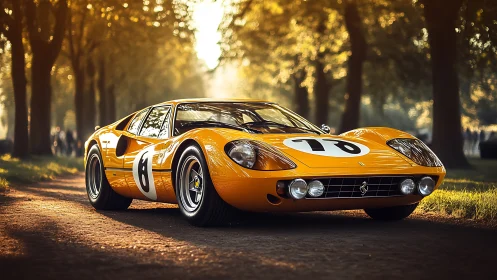 Yellow vintage race car on tree-lined dirt roadway.