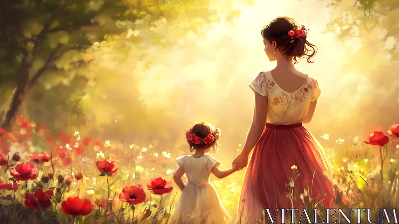 Backlit mother and child walking through sunlit poppy meadow