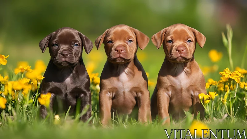 Triad of short-haired puppies in shallow depth-of-field meadow