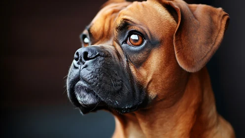 Boxer dog portrait in soft rim light and warm tones.