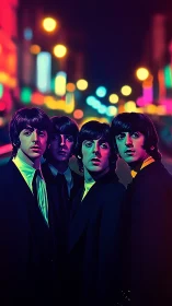 Neon-lit quartet portrait rendered in high-contrast digital color