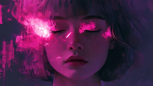 Digital portrait of girl with pink abstract light overlay.