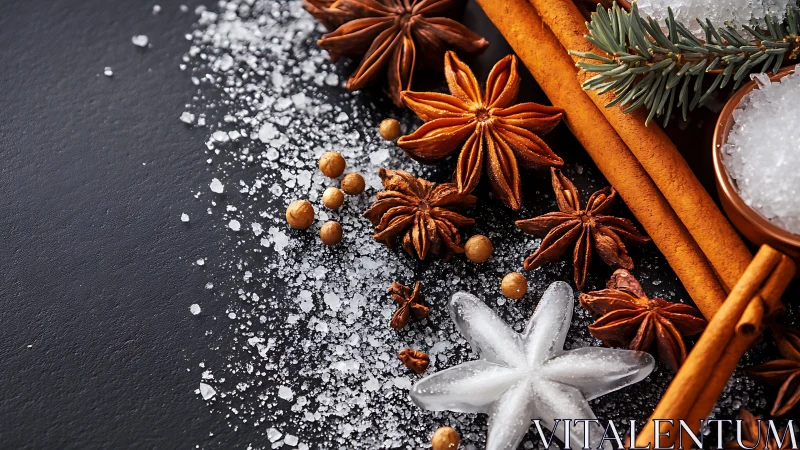 Star anise, cinnamon and ice star lie on dark textured surface