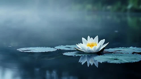 Solitary white water lily over misty blue pond reflections.