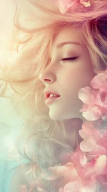 Side profile of young woman with closed eyes amid soft petals