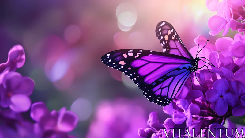 Vibrant purple butterfly resting on lilac blossoms in bokeh field.