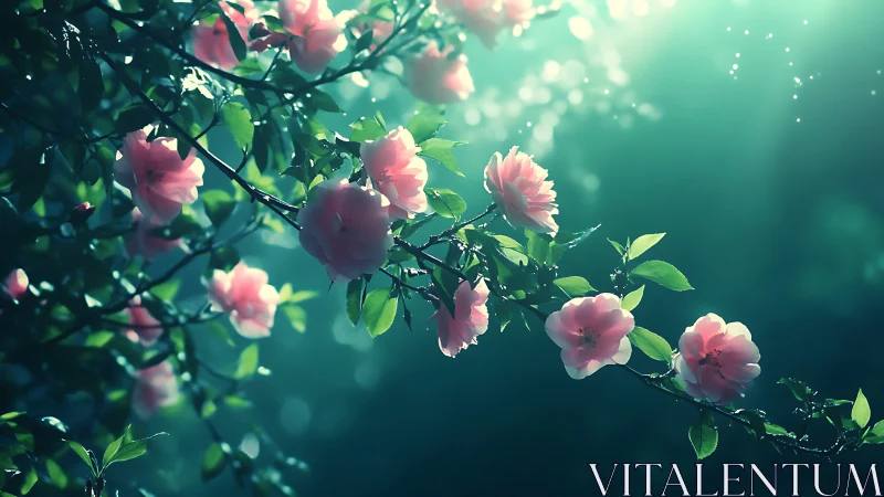 Pink Blooms Emerge Through Ethereal Bokeh and Verdant Foliage