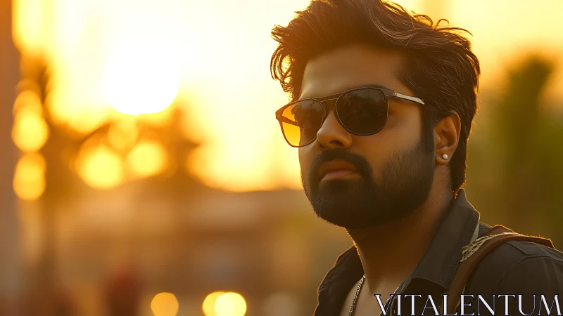 Bearded man in sunglasses at golden hour outdoors.