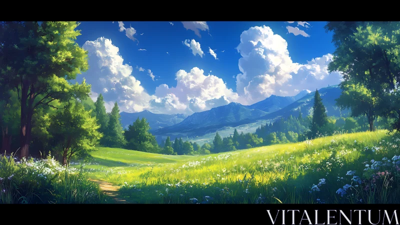 Sunlit mountain meadow inviting a slow, peaceful wander.