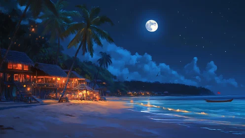 Moonlit Tropical Beach Resort with Glowing Beachfront Structures
