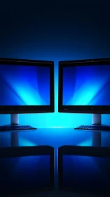 Dual desktop monitors mirror blue light on reflective desk