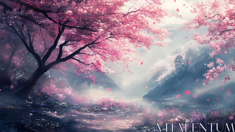 Dreamy cherry blossom riverside glowing with soft spring light.