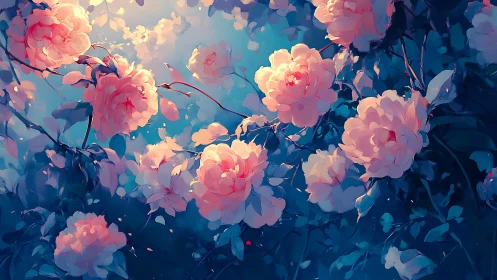 Dreamy pink blossoms glowing softly in a twilight garden.