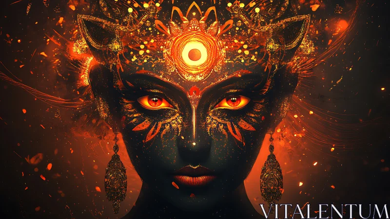 Fiery goddess portrait glowing with mystical, watchful warmth.