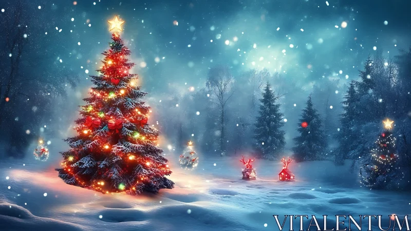 Digital painting of illuminated Christmas forest tableau.