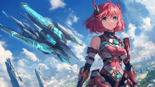 Mecha-armored pilot under cerulean sky with crystalline starship