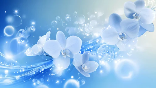 White Orchids with Blue Light and Bubble Effects.
