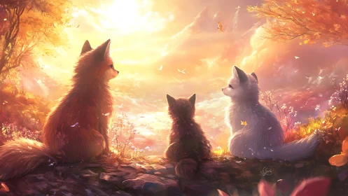 Luminous sunset trio of foxes in atmospheric digital tableau.