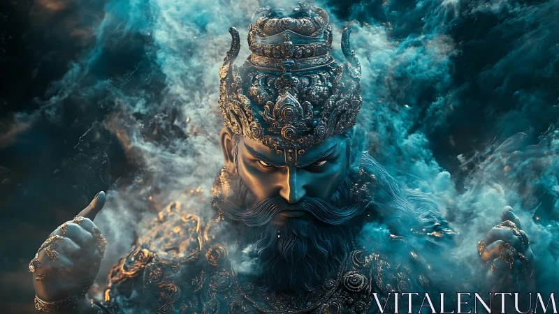 Digital painting of mythic warrior king in smoky chiaroscuro.