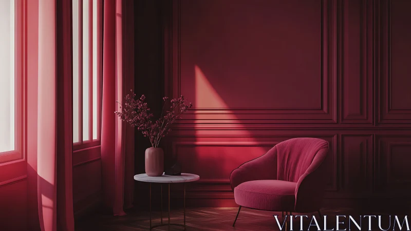 Crimson lounge corner glows with soft directional light.
