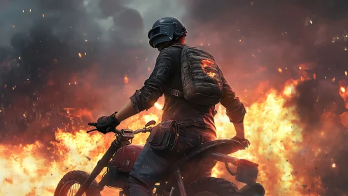 Motorcycle rider escapes blazing battlefield explosion.