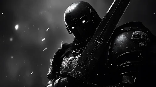 Armored dark paladin holds broadsword under stark chiaroscuro lighting