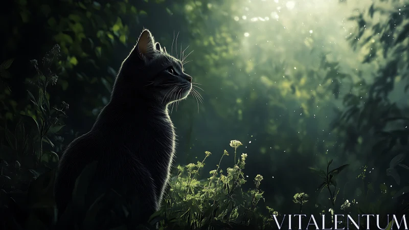 Black cat among forest flowers glowing in misty light.