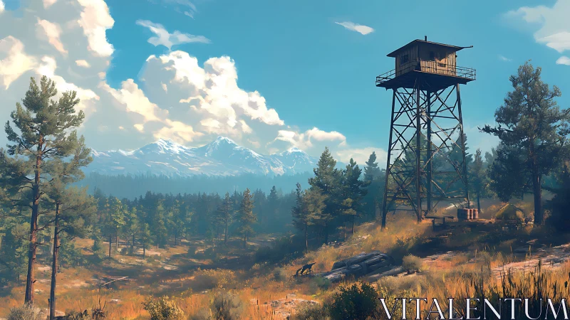 Sunlit watchtower looks over peaceful forest and mountains