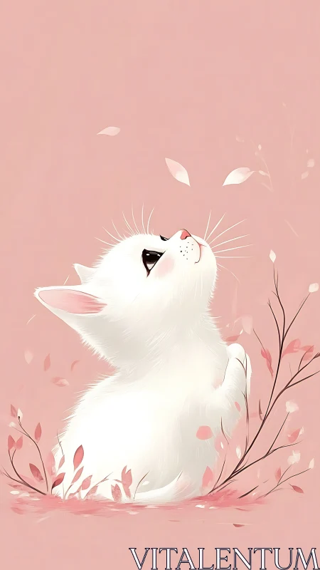 Soft spring day pauses as a white kitten studies petals