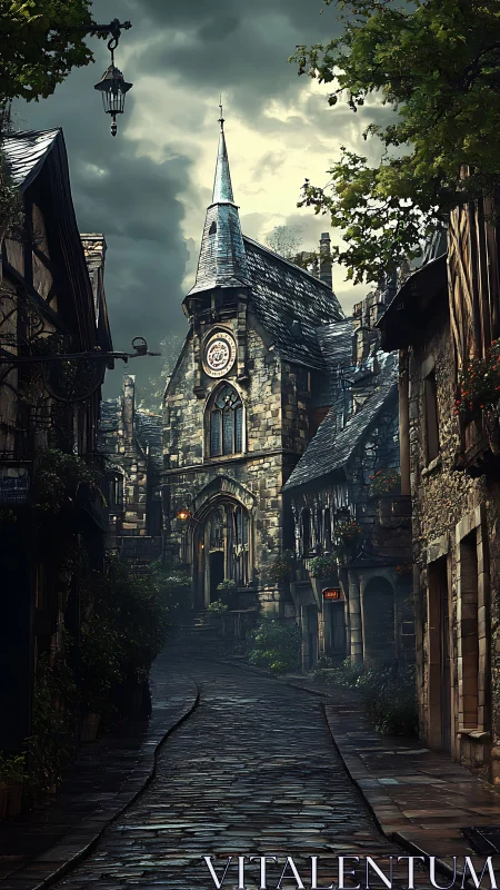 Moody medieval cobblestone street with old stone clocktower.