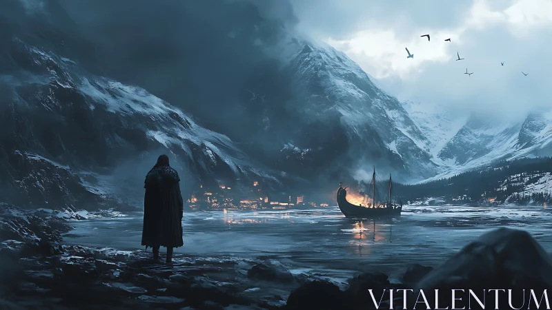 Winter fjord farewell with a lone watcher and burning ship.