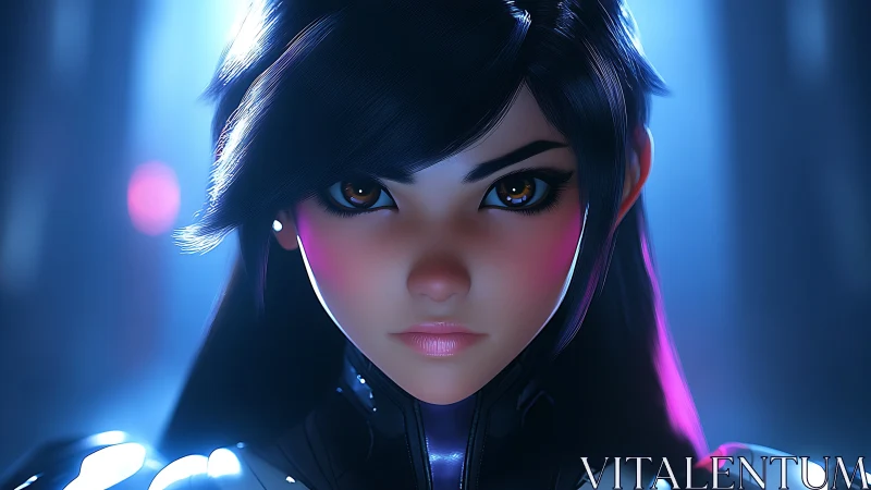 Cybernetic heroine portrait under neon rim lighting, frontal.