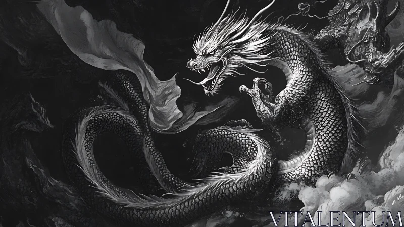 Monochrome serpentine dragon coiled in storm clouds.