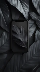 Dark smartphone rests amid monochrome tropical leaves.