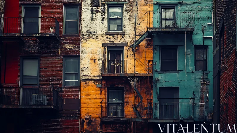 Weathered brick apartment facade shows color-blocked decay