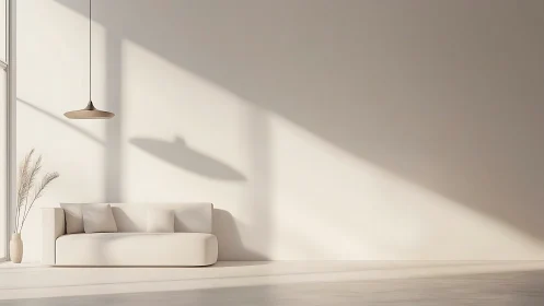 Minimalist sofa and pendant light in sunlit neutral room.