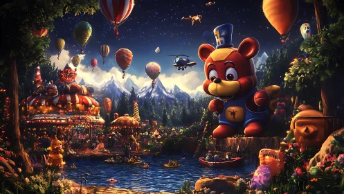 Gigantic toy bear overlooks luminous alpine fantasy carnival