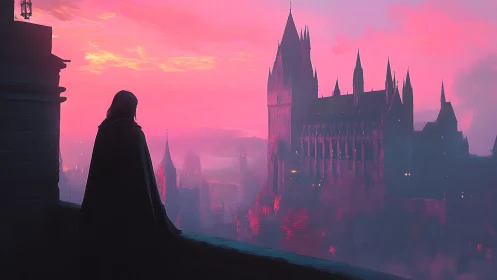 Cloaked figure observes distant castle under pink sky