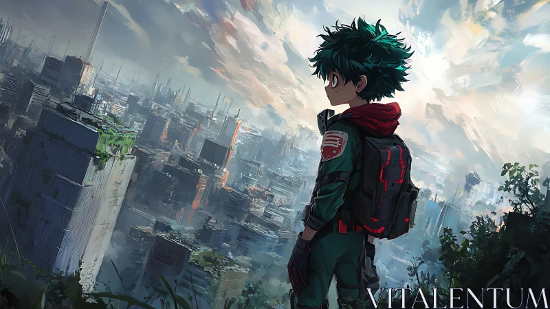 Future-scout hero studies a misty, overgrown megacity horizon