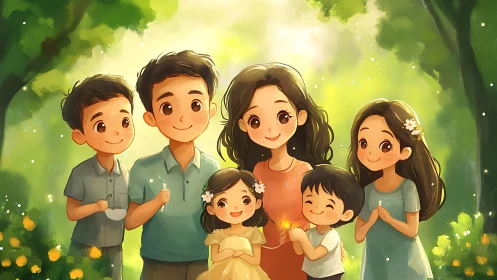 Family Portrait in Forest Setting with Warm Glow