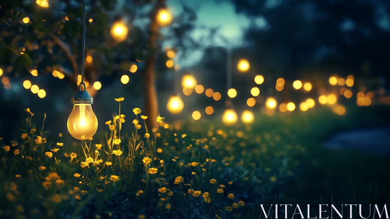 Hanging light bulbs illuminate yellow flowers in shallow focus